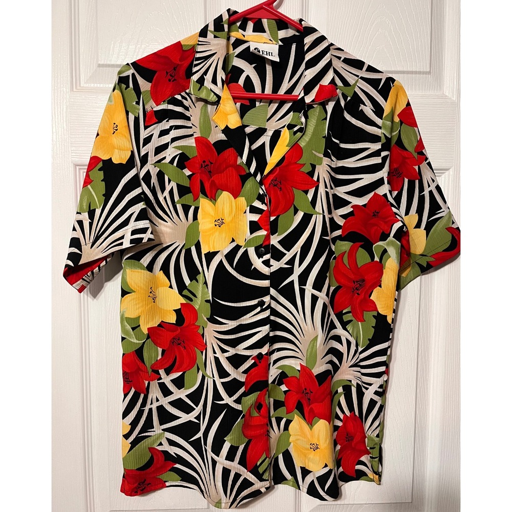 EHL Womens Tropical Floral Button Down Shirt Black Red Yellow S/S  READ-Large